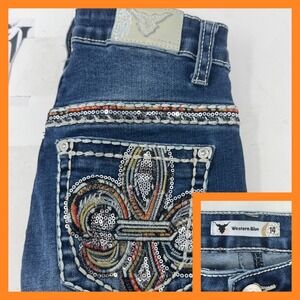 Western Blue Girls Jeans Size 14 Embellished Sequin Bootcut Denim Pants